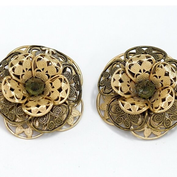 CHANEL CC Logo Green Gripoix Filigree Camellia Earrings Gold Tone 01A Auth w/Box - Picture 4 of 6